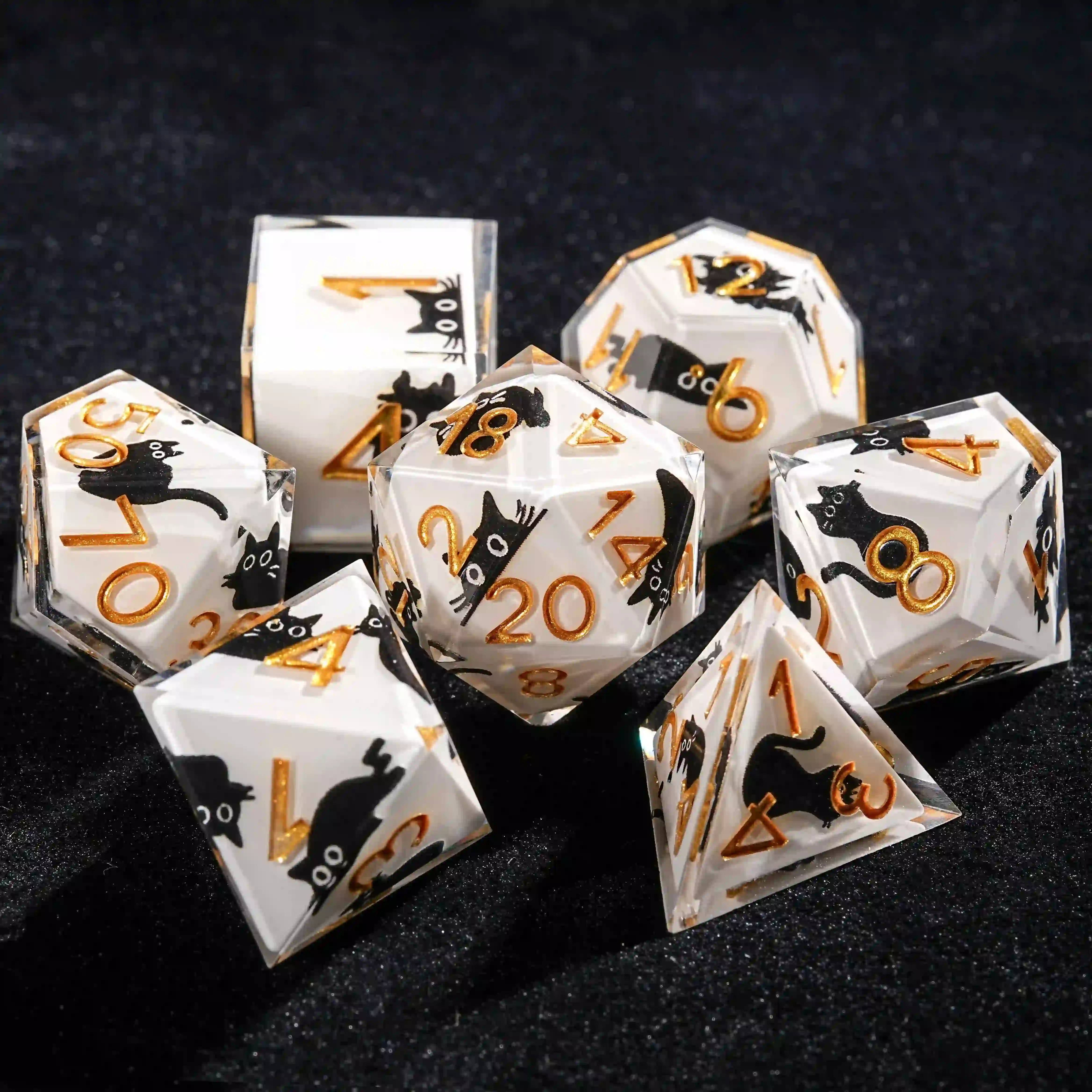 Cute black cat white resin RPG dice | Bear Dice